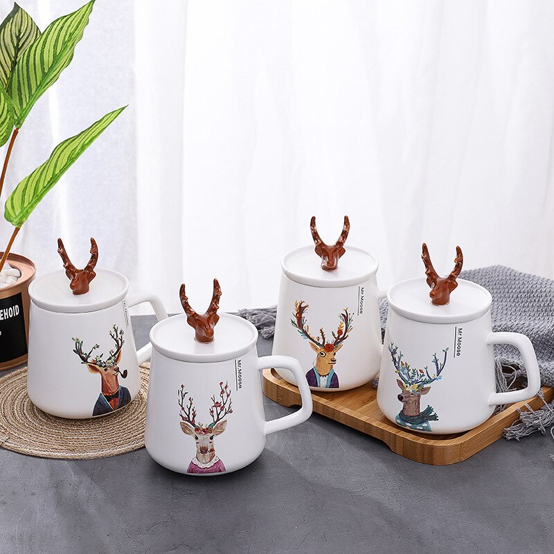 Instagram Stijl Nordic Moose Hoorn Dier Vorm Keramische Mokken Met Deksel Koffie Mokken Kantoor Of Thuis Gebruikt