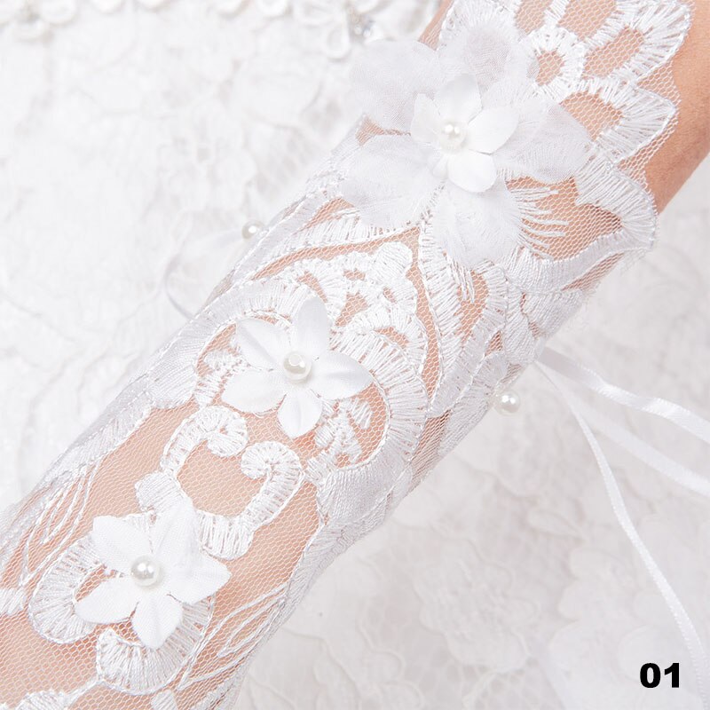 1 par hvide lange blonder brude brudehandsker fingerløs brudekjole billigt tilbehør rhinestone simuleret perle dekoreret: Stil 1