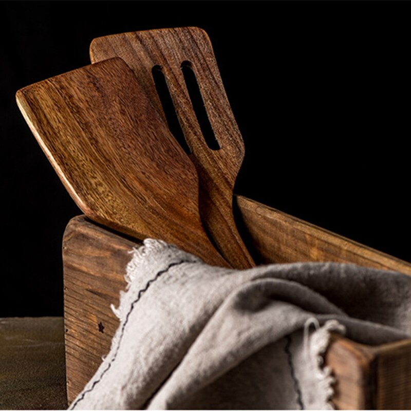 Teak Wood Turner Long Handle Spatula Kitchen Turner Non Stick Cooking Utensils Wooden Spatula Slotted Turner Set Wooden Utensils