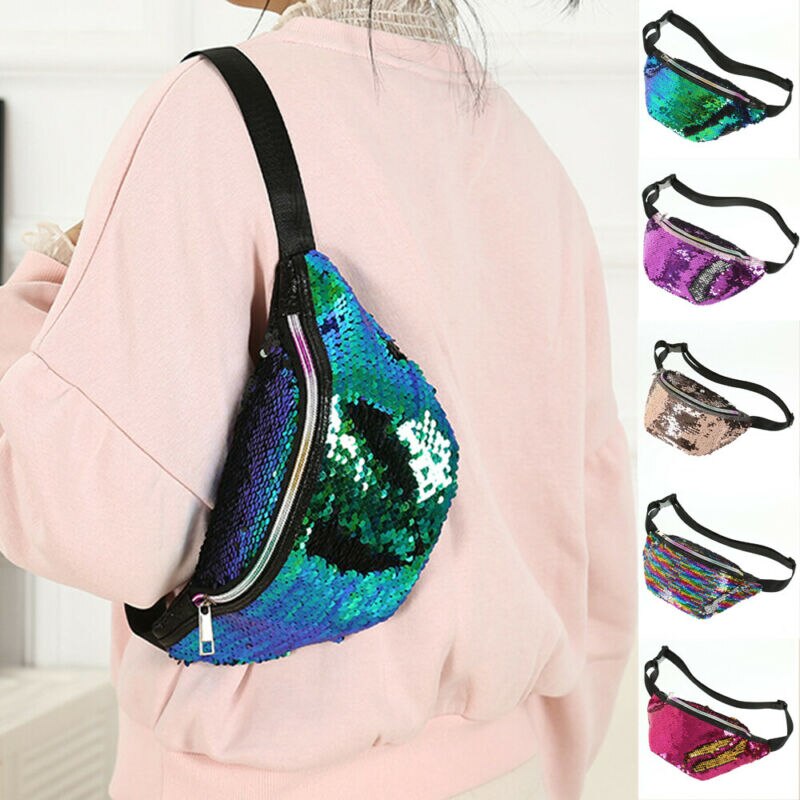 Kvinnors vändbara sjöjungfrupaljetter glitter midja ryggväska pack påse väska
