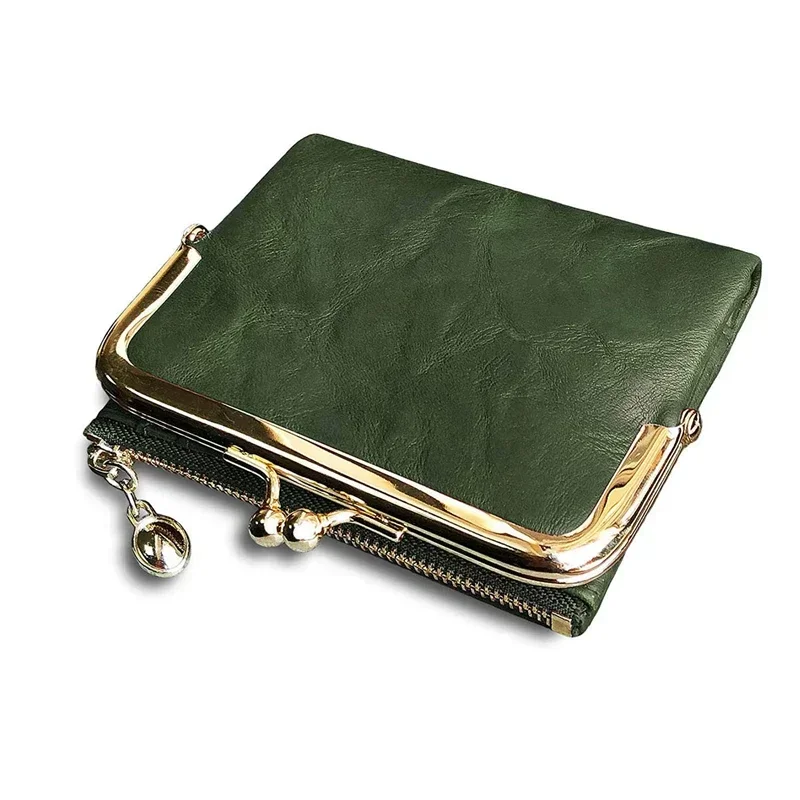 Women's Wallet Short Bifold Retro Multifunction Coin Purse with Zip and Kiss Lock Green PU Leather Female Short Purses