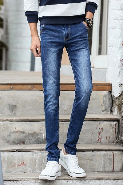 Desy feeci mærke mænd jeans slim fit skinny denim jeans elastiske straight jeans stretch bukser jeans til mænd: Blå jeans til mænd / 32
