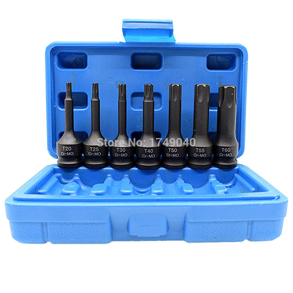Slag torx star bits socket 7pc sett 3/8 &quot; firkantet drev  t20 t25 t30 t40 t50 t55 t60 muffbits i krom molybden stål 60mm lange