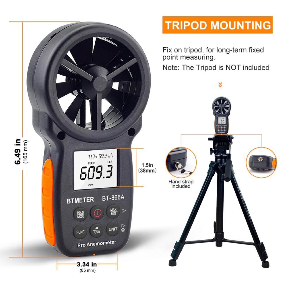 Anemómetro Digital de BT-866A, medidor CFM manual con conexión USB, medidor de flujo de aire, mide la temperatura del viento/velocidad del viento