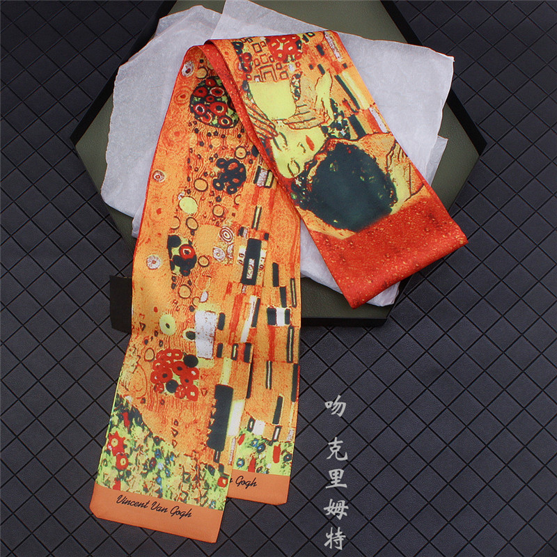 Van Gogh《Starry Night》Oil Painting Twill Silk Scarf Women Neckerchief Skinny Bag Scarf Female Headband Scarves Wraps For Ladies