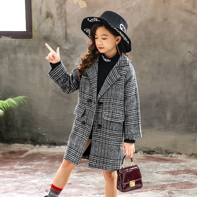 Ins calda delle ragazze cappotto Di Lana 5-13 anni di età di modo Coreano esterno del rivestimento delle ragazze di primavera e autunno lungo di lana cappotto ispessimento trincea: black / 11T