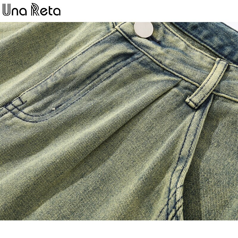 Una Reta Groen Heren Broek Hip Hop Straight Gewassen Denim Broek Losse Streetwear Solid Jeans Voor Mannen