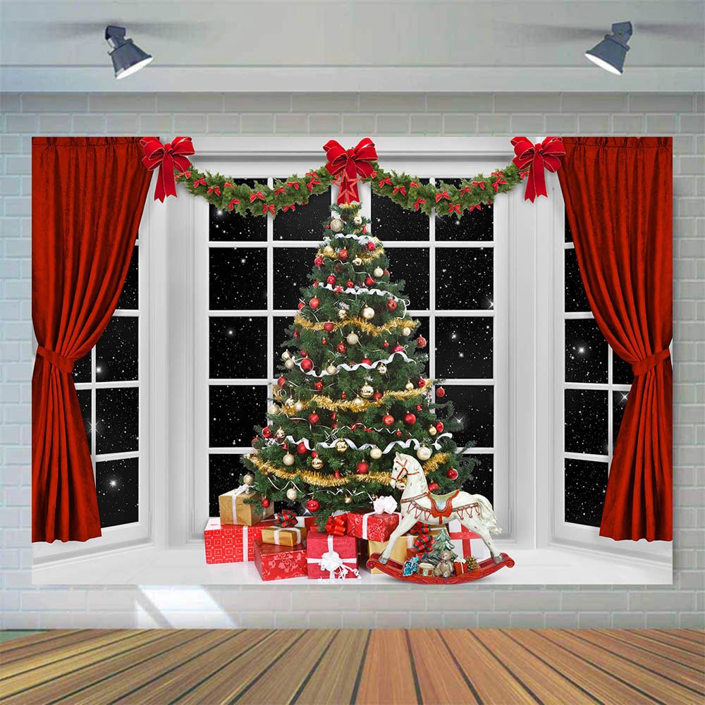 Mocsicka Christmas Backdrop Red Curtains Window Christmas Tree Background for Photo Studio Portrait Photography Photoshoot Props