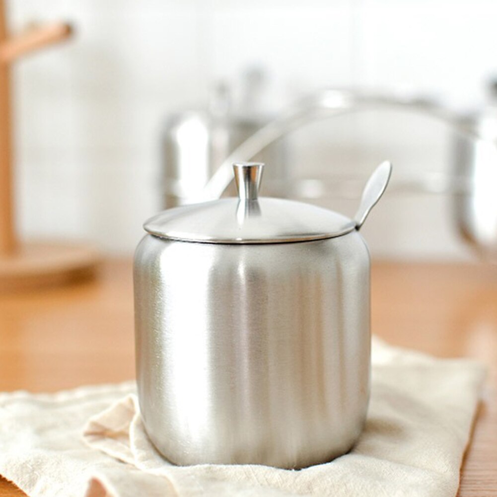 Salt krydderipotte med låg ske kaffe køkken rustfrit stål krydderikrukke holdbar lille husholdningsopbevaring sølv sukkerskål