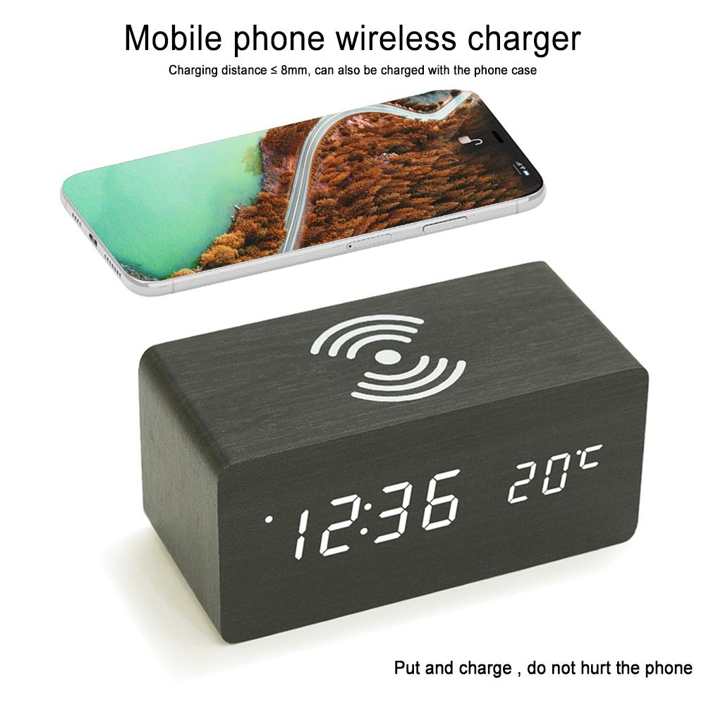 Multi-Function Alarm Clock Wireless Charger Wooden Clock For Apple Samsung Huawei Smart Phone