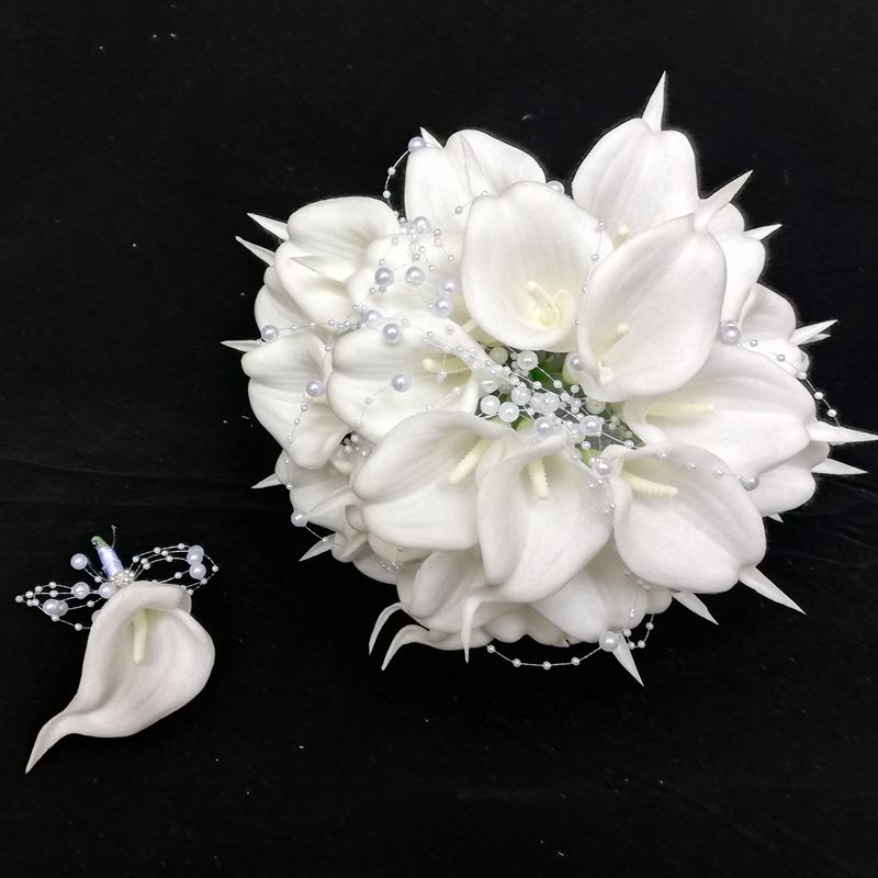 Hvid calla liljer brude buket silke blomster bryllupsbuket naturlig berøring med perler brudepige blomst mariage ramo de novia