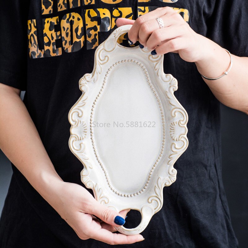 Placa cerámica de Navidad occidental, vajilla blanca con relieve, bandeja de doble oreja con esmalte de horno, bandeja marrón, plato de pescado