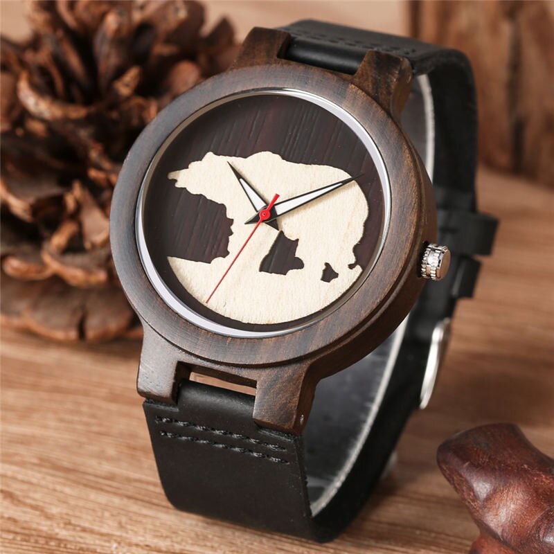 Houten horloge kwarts lichtgevende wijzers ijsbeer driedimensionale wijzerplaat natuurlijke houten horloges bamboe ebbenhouten klok herenhorloges