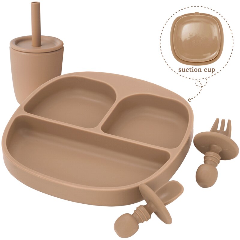 BPA Free Children's Tableware Baby Feeding Solid Food Dinner Set Plates Training Bowl Feeding Dishes Spoon Fork Straw Cup: 002-caly