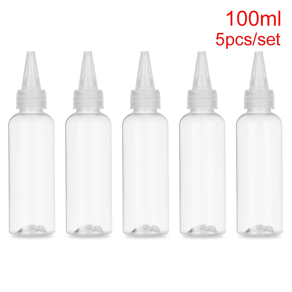 5 stk/sæt 10-250ml tomme dråbeflaske med børnesikret låg plastdyse dråbehætte nyttig bærbar genopfyldelig klemflaske: 100ml
