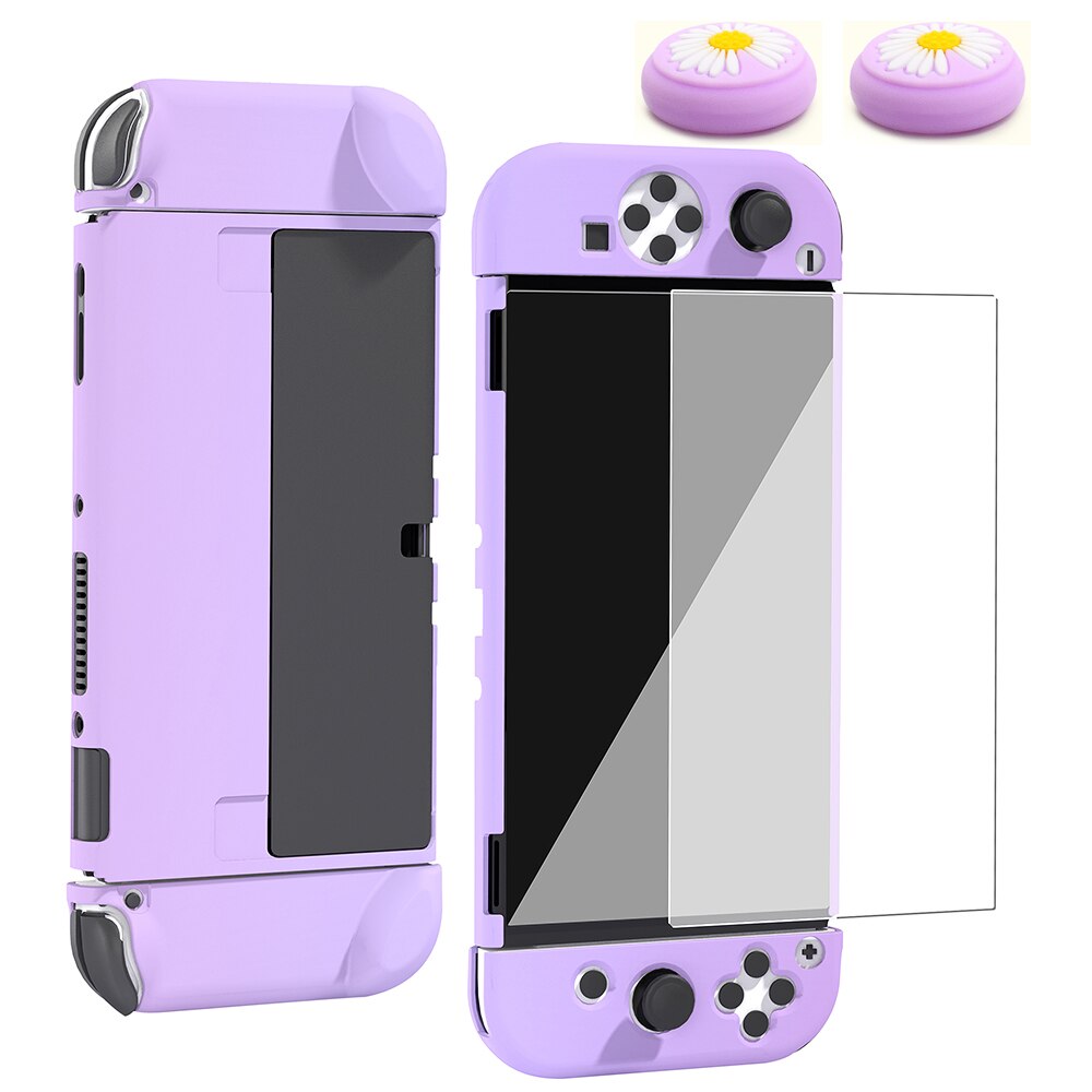 Hard Shell Micro-Frosted Cover Case Voor Schakelaar Oled &amp; Joycon Controller Game Accessoires 4 Thumb Grip Cap En screen Protector: Paars