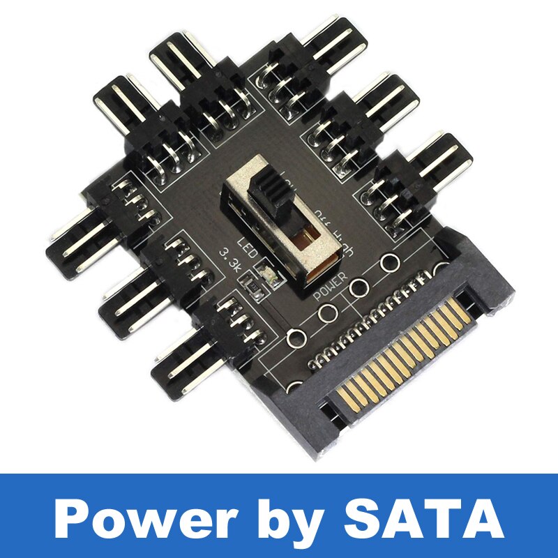 Molex-Hub DE VENTILADOR DE 4 pines IDE o SATA a 8 canales, 3 pines, 12V, divisor, adaptador PCB con Interruptor de velocidad de ventilador de 2 niveles, alto y bajo: Power by SATA