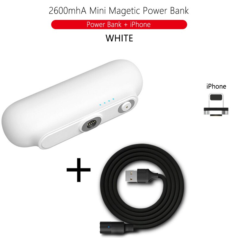 Mini bateria portátil tipo-c, bateria de carregamento magnético para iphone, samsung, huawei, micro usb, carregador 2600mah powerbank de cápsula,: For iPhone White