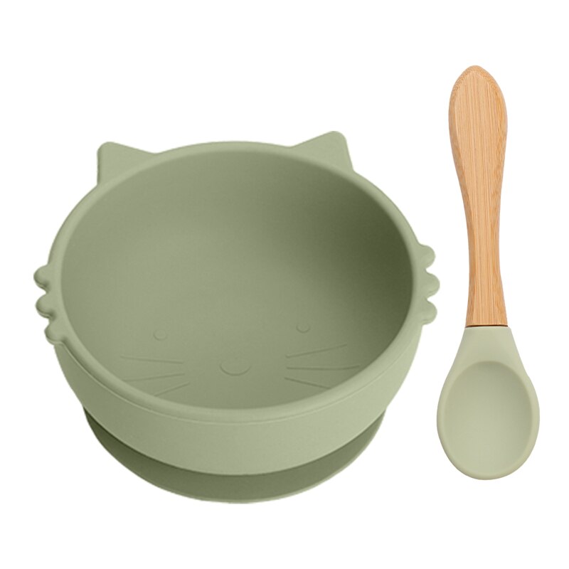 Siliconen Babyvoeding Servies 3 Stks/set Siliconen Zuignap Cup Kat Strokop Kinderen Antislip Keuken Benodigdheden Bpa gratis: 2PCS Bean green