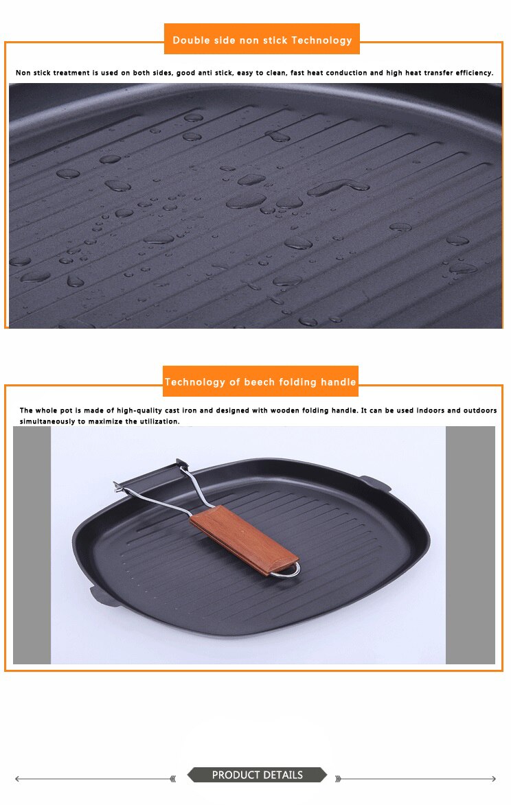 Steak Frying Pan Cast Iron Non Stick Grill Deep Square Griddle Pan With Folding Wooden Handles
