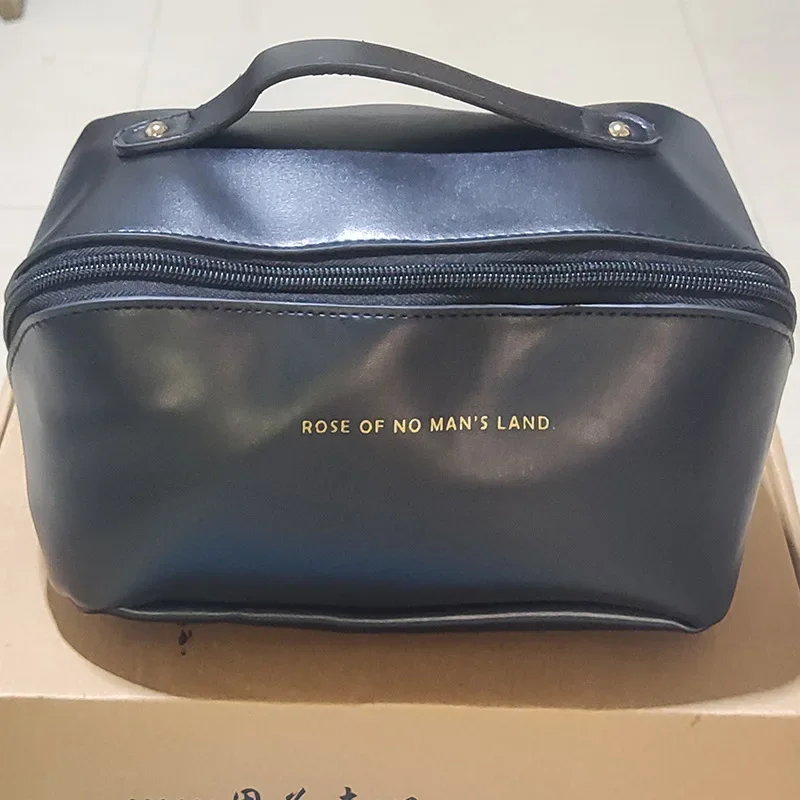Bolsa de cosméticos de viaje grande para mujer, organizador de maquillaje de cuero, neceser femenino, estuche de maquillaje, bolsa de almacenamiento, caja de lujo para mujer: Azul