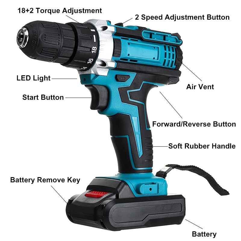 Drillpro-taladro eléctrico inalámbrico de 48V, 18 + 2 Torque, destornillador, mini taladro eléctrico, herramienta eléctrica con 2 piezas de batería de iones de litio
