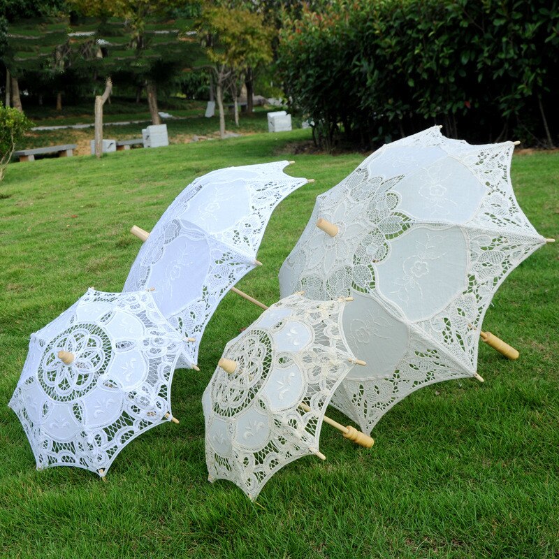 Womens Wedding Bridal Parasol Paraplu Hollow Out Borduren Kant Effen Wit Kleur Romantische Foto Props Met Houten Handvat 8 Ribben