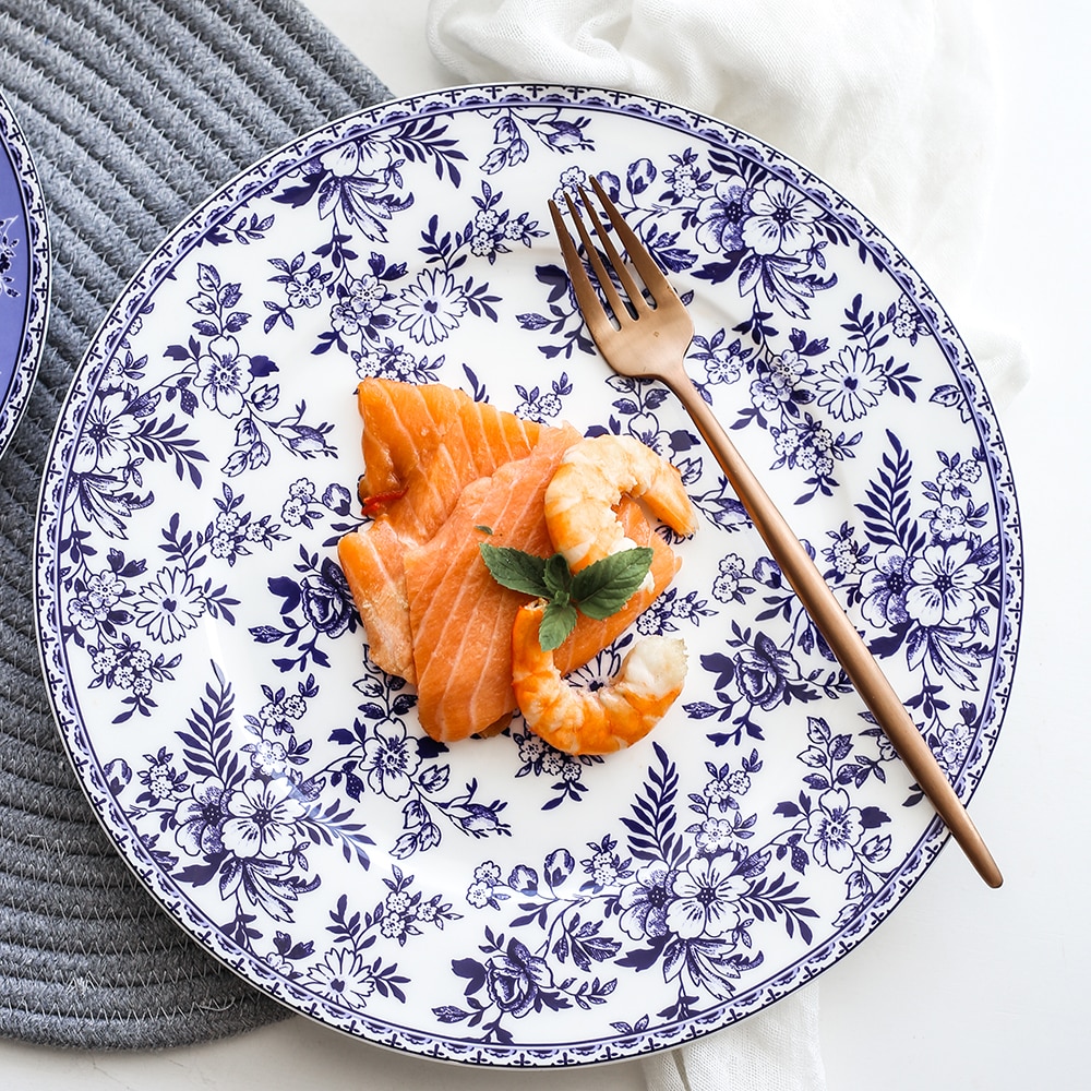 Blått og hvitt bestikk kinesisk og vestlig mat flat tallerken western biff tallerken frukt dim sum tallerken bein porselen