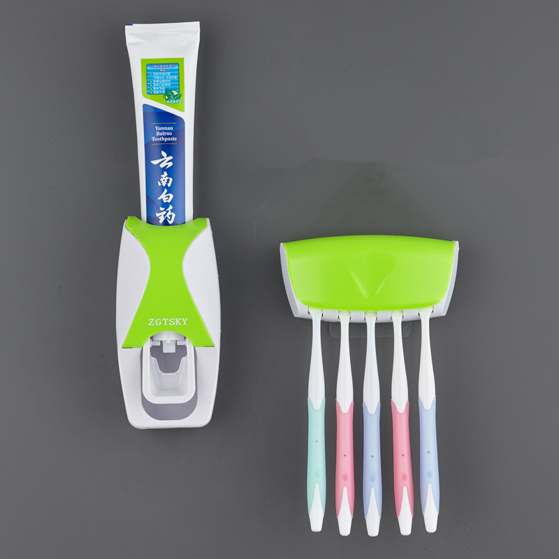 Toothbrush Holder Automatic Toothpaste Dispenser Holder Toothbrush Wall Mount Rack Bathroom Tools Set: Green