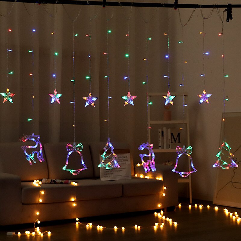 Led gordijn lichtsnoer gekleurde lampjes knipperende lampjes bellen elanden kerstboom banket verjaardag feestdecoratie: Kleurrijk