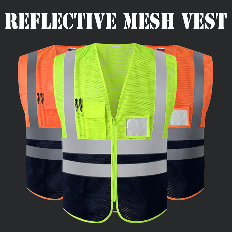 Reflective polyester mesh vests with pockets for construction worker in summer SILK SCREEN COMPANY LOGO PRINTING