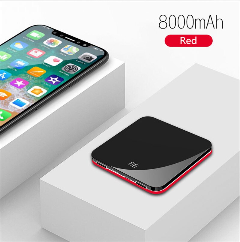 8000mAh Mini Power Bank 2.0A Quick Charge Power bank Dual-USB Portable Mirror Aluminium Fast Charging Mini External Battery: Red D76