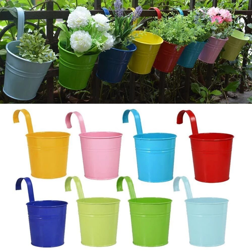 Macetas colgantes de pared para jardín y balcón, cubo de Metal, soporte para flores, 10 colores