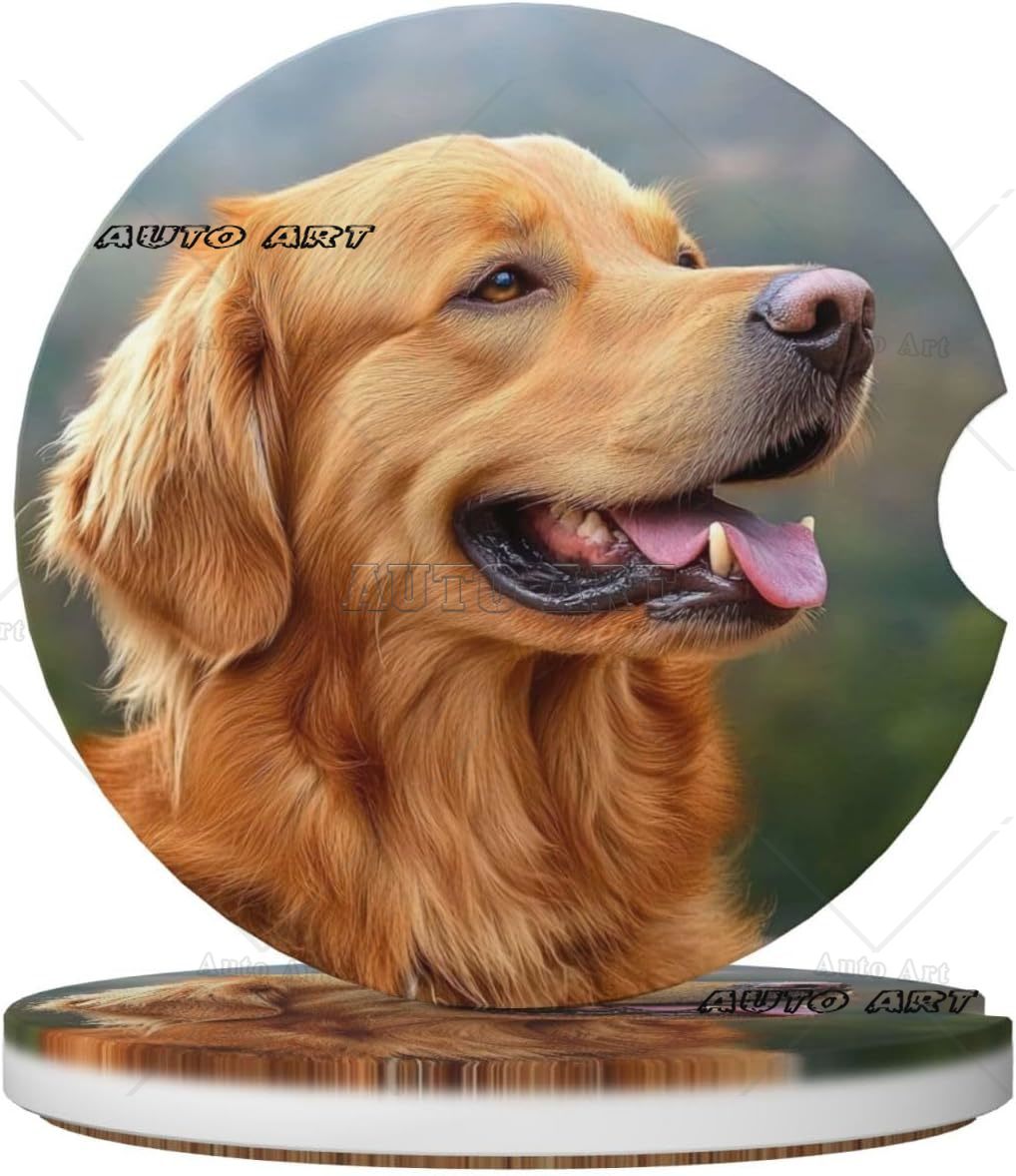 2 Pack Golden Retriever Dog Print Car Cup Holder Coaster Anti Slip Insert Absorbent Ceramic Car Coaster Cute Car Assecories: Default Title
