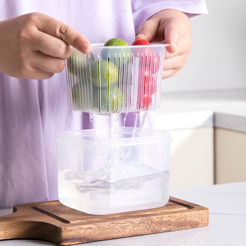 Drain fresh box Refrigerator Fresh-Keeping Box Fruit Vegetable Drain Crisper Kitchen sealed Storage Box Containers With Lid