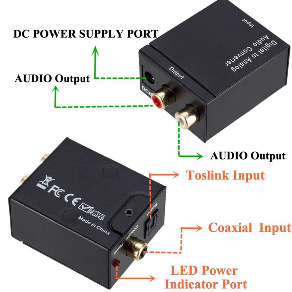 Rca-r/l-ausgang digital-analog-audio-adapter dac-verstärkerbox für koaxiales optisches spdif-signal zu analogem audio-wandler