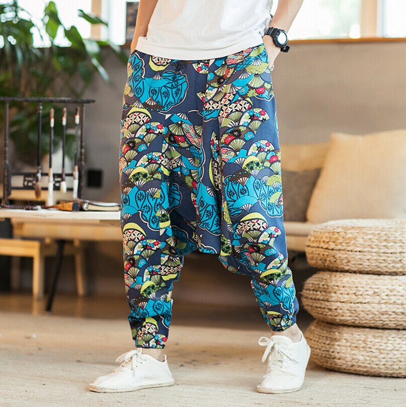 Harem Pants Hip Hop Aladdin Hmong Baggy Cotton Linen Harem Pants Men Women Plus Size Wide Leg Trousers Pants Cross-pants: Blue / XXL
