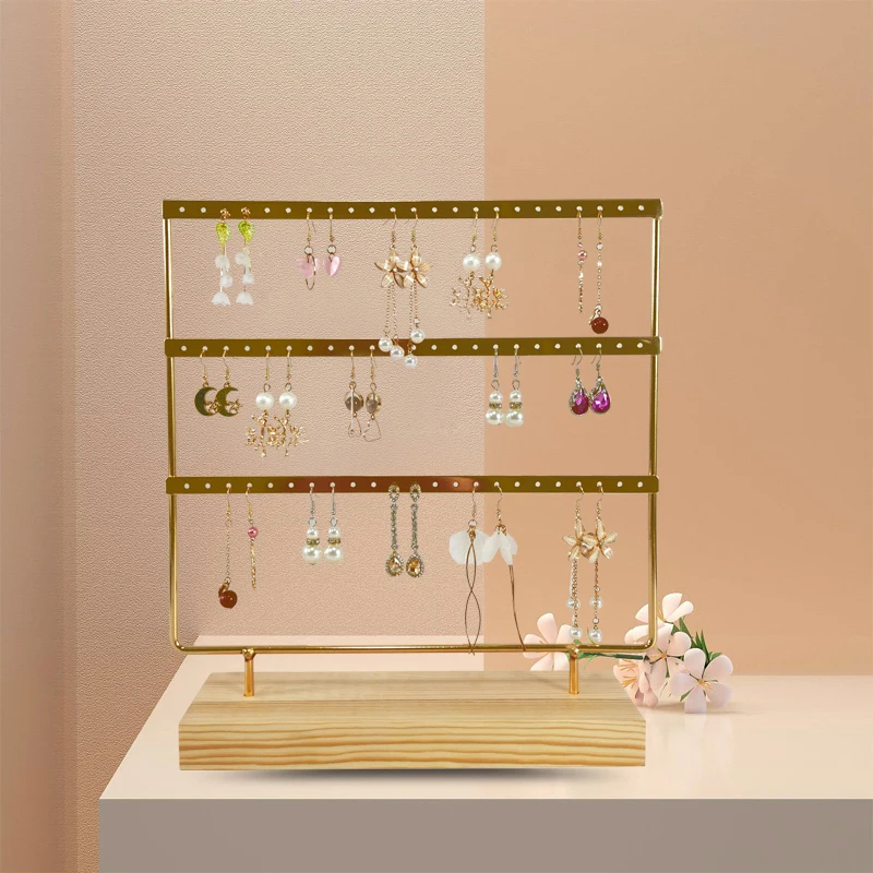 Earring Stand Wooden Base Jewelry Towel with Holes Hanging Jewelry Organizer Large Metal Holder for Earrings Ear Stud Necklace
