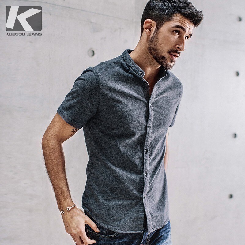 Kuegou sommer 100%  bomuld almindelig grå skjorte mænd kjole afslappet slim fit kortærmet til mandlige mærke plus størrelse tøj 5859