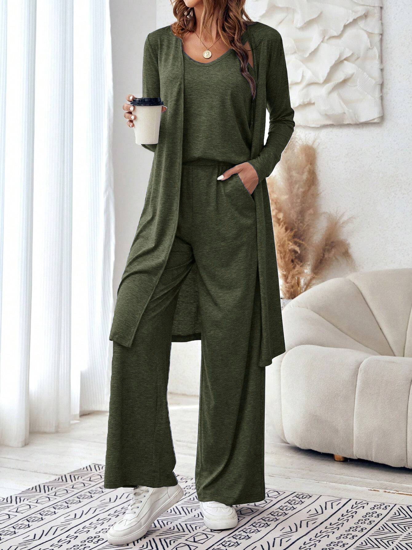 Autumn casual loose three piece set women's vest pants cardigan three piece set V-neck suspender+straight leg pants+