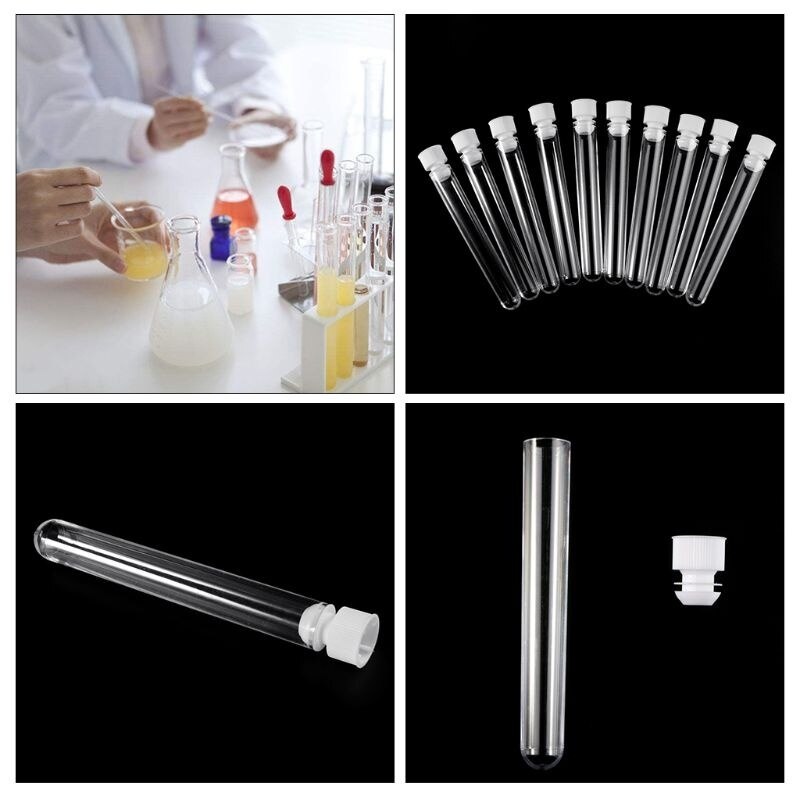 20 piezas tubo de ensayo de plástico transparente de 100x12mm, Vial de tubo de fondo redondo con tapa, suministros de laboratorio de oficina para experimentos