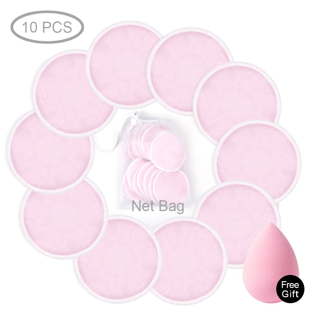 Toallitas limpiadoras reutilizables de algodón para maquillaje, desmaquillantes, lavables, de tres capas, de bambú suave con bolsa de lavandería de malla, herramienta de maquillaje: 10pcs Pink with bag