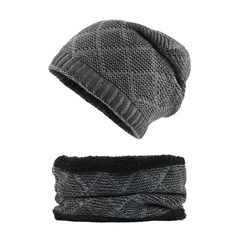 nouvelle de luxe tricot Beanie chapeau écharpe hommes hiver Plaid Plus velours écharpe épaissir couverture Cap écharpes Ski Bone: Gris