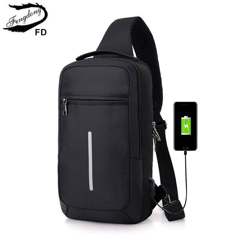 Fengdong male sling travel chest bag reflective strip backbag unisex one shoulder usb bag waterproof small messenger bag bagpack: black