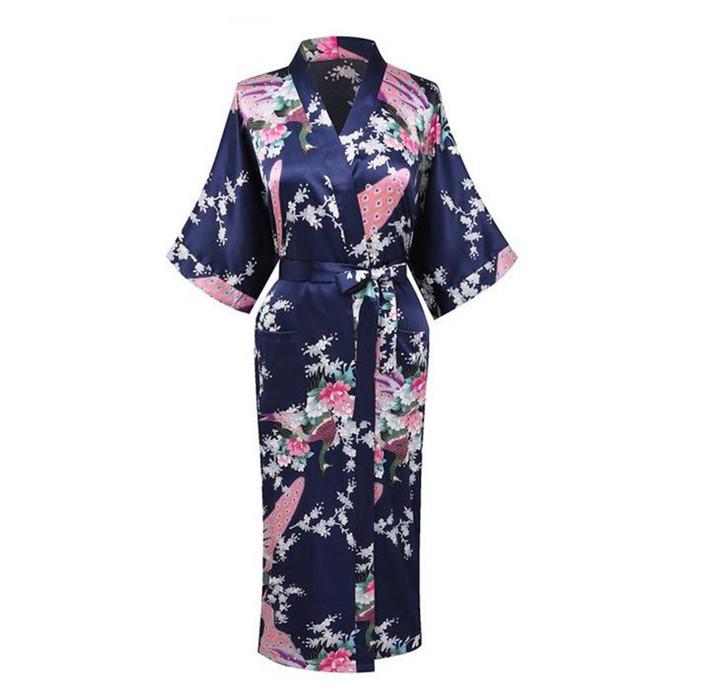 Lange Nachtjapon Pyjama Grijs Bruid Bruidsmeisje Wedding Robe Sexy Thuis Kleding Nachtkleding Vrouwen Nachtkleding Intieme Lingerie Neglige: Navy blue 