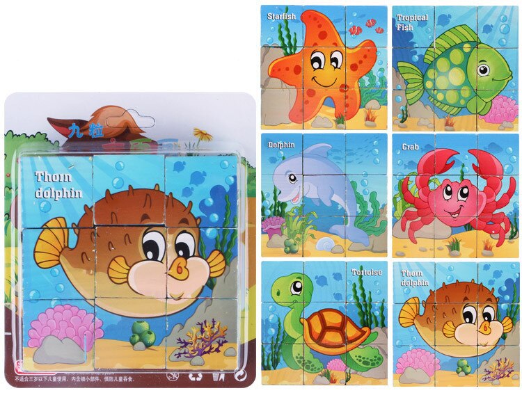 1PC Kinder Cartoon Holz Neun Blöcke Sechs-seitige Weisheit 3D Tier Würfel Puzzle Spielzeug für Kinder Bildungs baby Spielzeug: sea world
