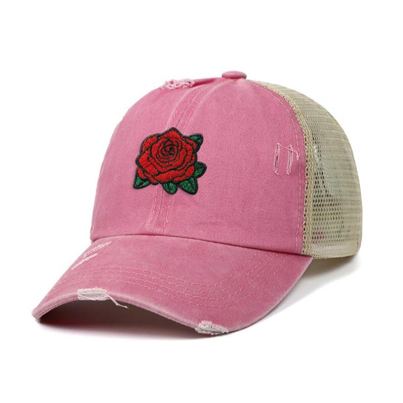 rose distress mesh baseball cap hip hop outdoor sports summer women cap embroidery flower snapback hat cap curved cap