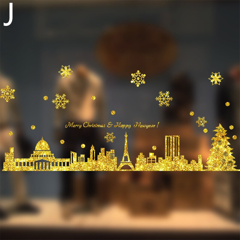 Glänzende Gold Weihnachten Baum Fenster Aufkleber Santa Fahrt Weihnachten Girlande Zauberstab Decals Neue Jahr Schaufenster Aufkleber Schneemann Wohnkultur: J