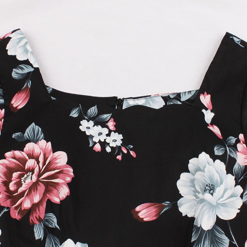 Tonval flosset firkantet hals blomsterprint sort kjole kvinder 50s retro tøj glamourøse rockabilly plisserede kjoler