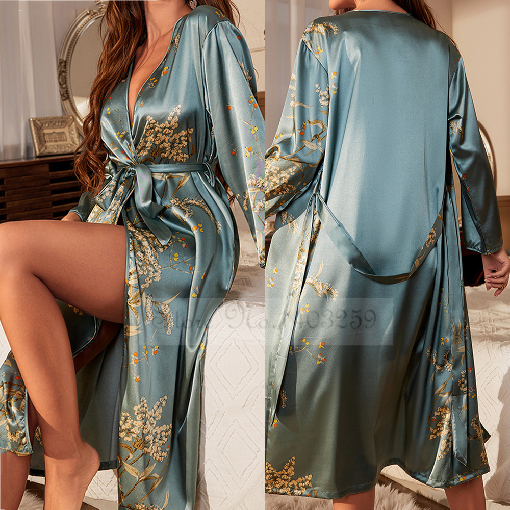 Schwarz Druck Blume Lange Kleid Nachthemd Seide Satin- Weibliche Nachtwäsche Nachthemd Frühling Sommer verlieren Kimono Bademantel Kleid Hause Tragen: S / Beige